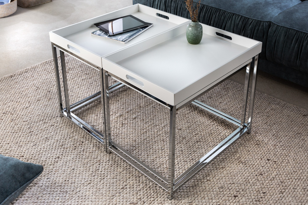 Modernes Couchtisch 3er Set ELEMENTS 75cm weiß Chrom abnehmbares Tablett