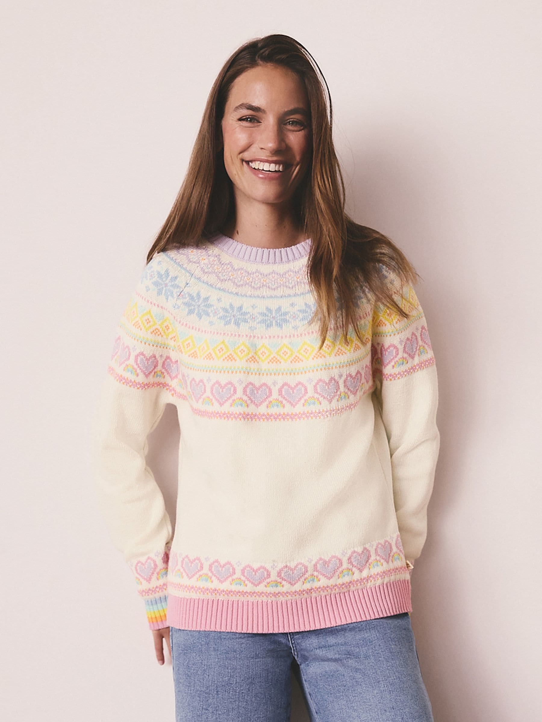 Ecru/roze - Little Bird by Jools Oliver - Gebreide Kerstmis trui met helder fairislemotief voor volwassenen en familie