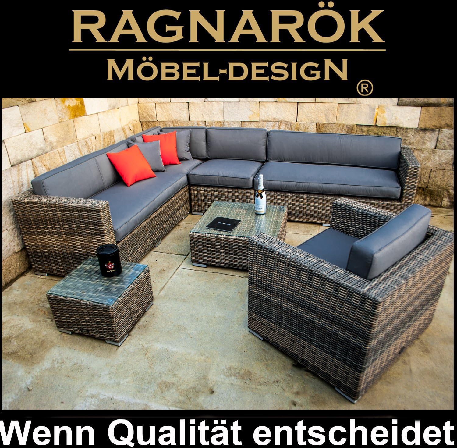 Ragnarök-Möbeldesign PolyRattan Lounge - Deutscher Hersteller - 8 Jahre GARANTIE - Gartenmöbel Sitzgruppe Tisch Aluminium Rostfrei auch Seitenverkehrt stellbar Sessel Rattan Natur Polster Grau