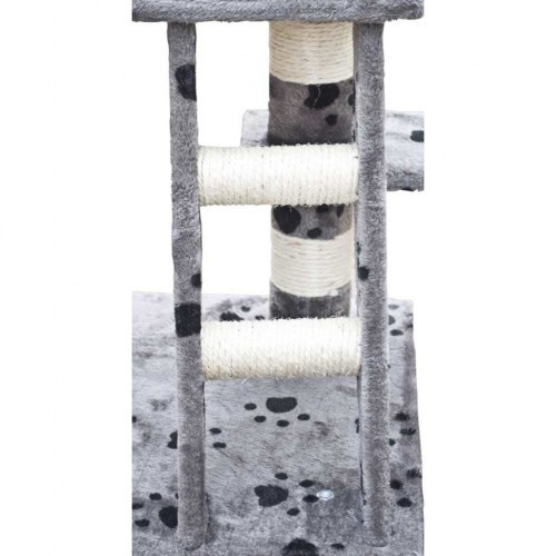 Poste de arranhar de pelúcia para gatos, com estampa de patas cinzas.