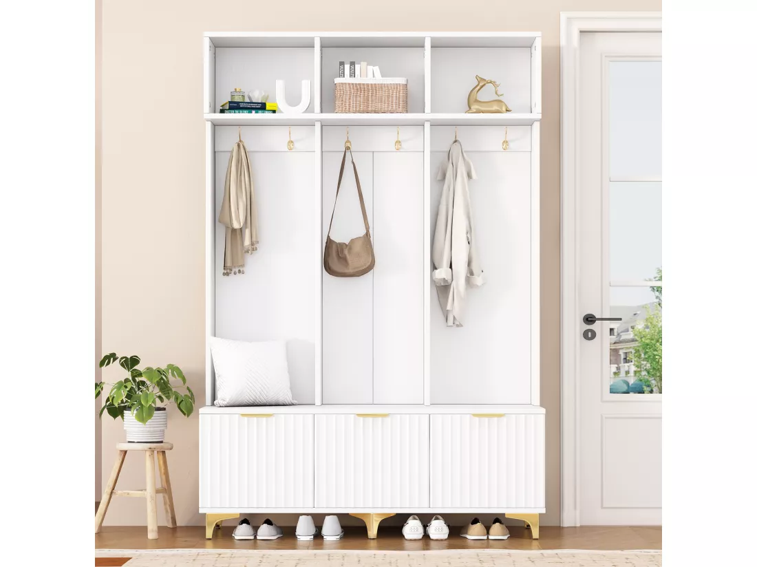 Vestiaire avec 3 portes et 3 niches - 126 x 40 x 191.5 cm - Panneaux de particules et pièds en métal - Blanc
