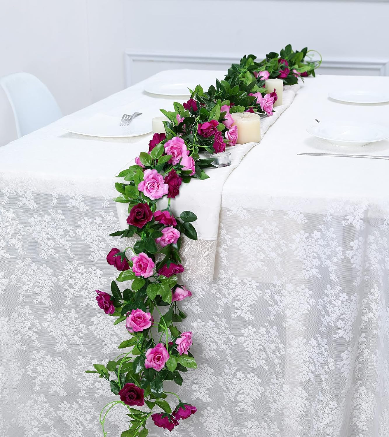 (4er Set) 230cm Deko Kunstblumen Rosen Girlande Party Tisch Deko - Lila / Violett