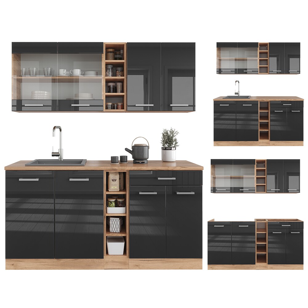 Vicco Küchenzeile Küchenblock Einbauküche R-Line Single Eiche Anthrazit Hochglanz 160 cm