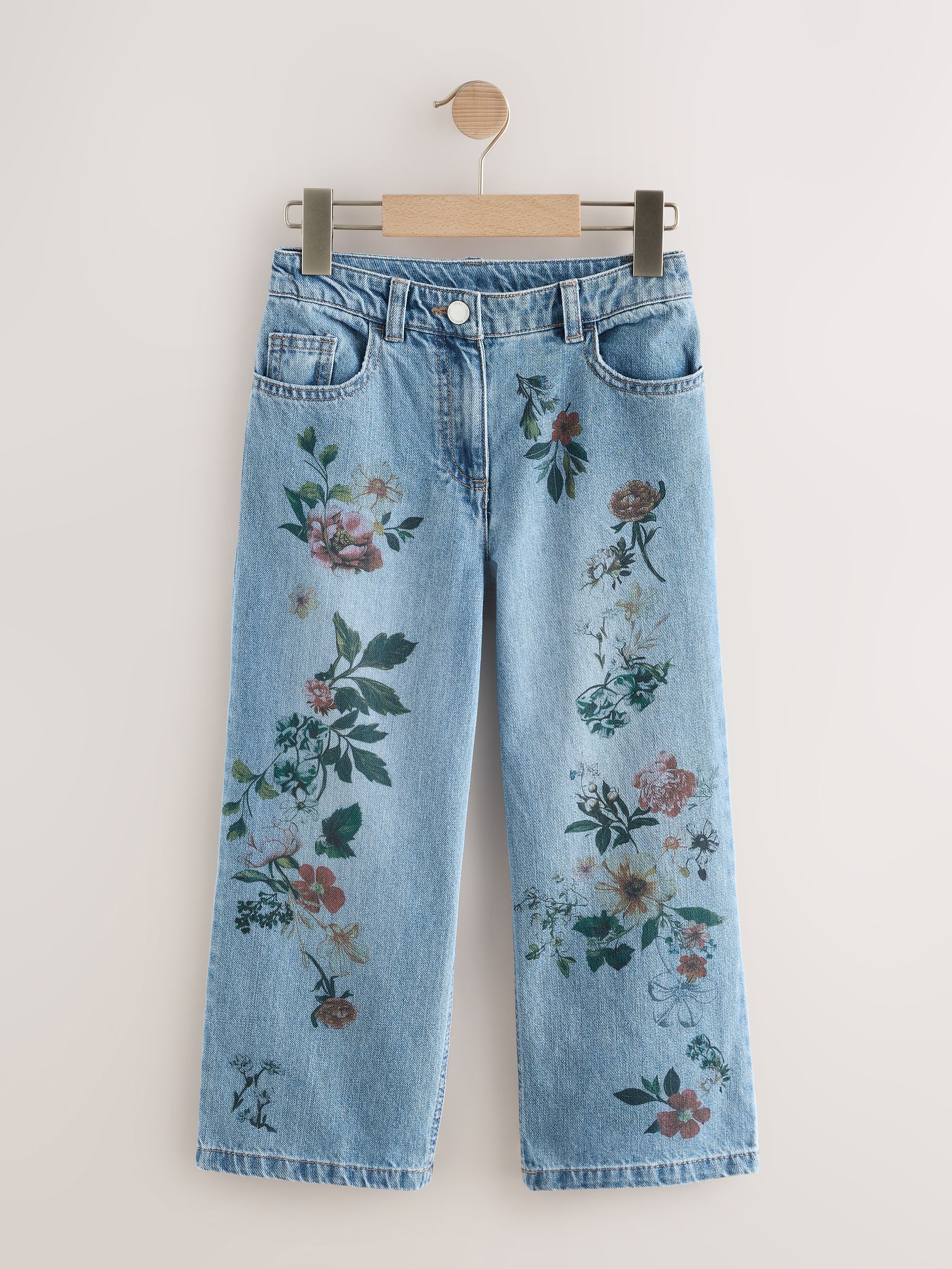 Medium blauwe denim met bloemenprint - Jeans met wijde pijpen (3-16 jr)