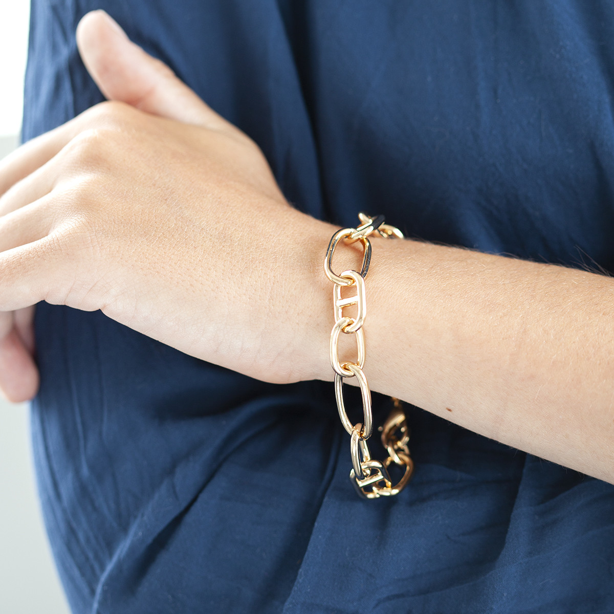 Bracelet plaqué or 20 cm maille marine alternée et maillons ronds