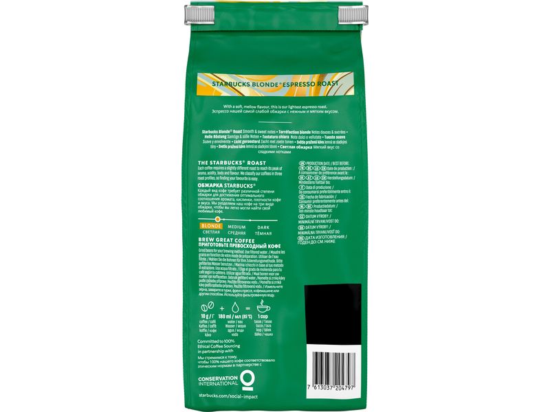 Starbucks Kaffeebohnen Blonde Espresso Roast 450 g Kaffeebohnen für einen sanften Espresso