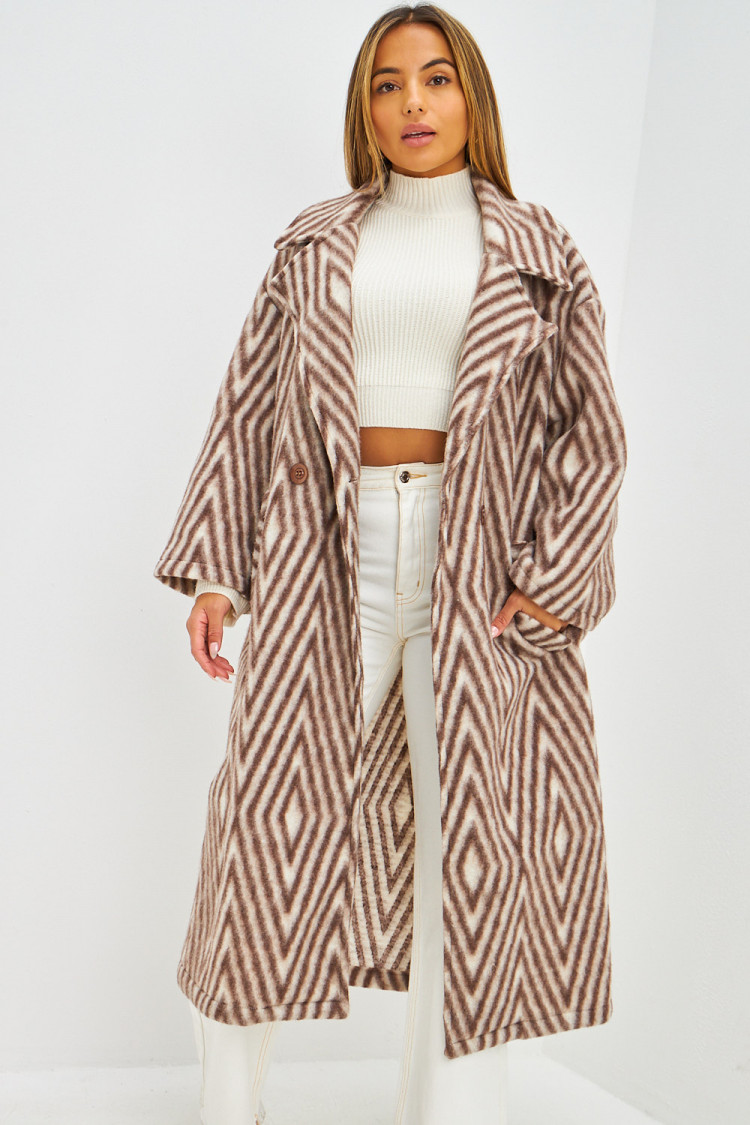 Manteau en laine marron et blanc motif losanges