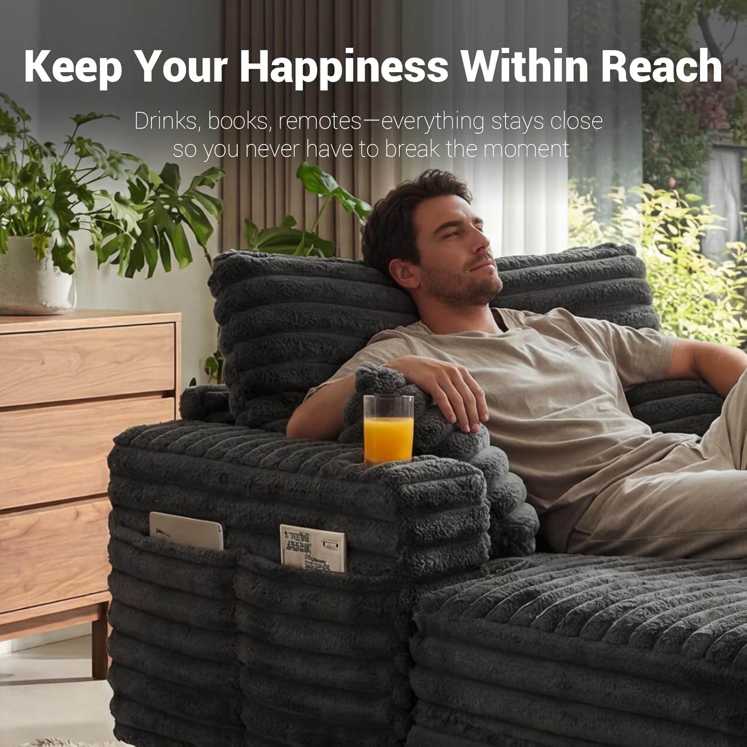Oversized Chaiselongue Sofa, 163 cm Großer Schlafsessel mit stabilem Holzrahmen, Plüsch Cord Relaxliege mit 2 Getränkehaltern & 4 Taschen, Liegesessel für Wohnzimmer (Grau)