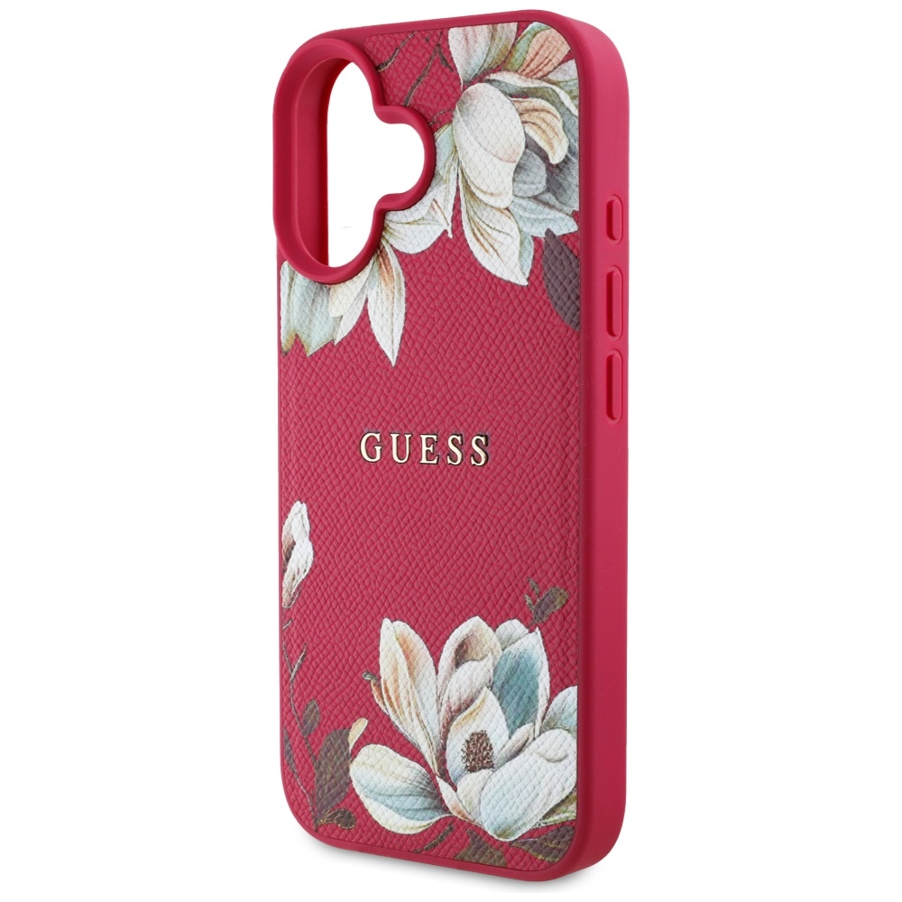 iPhone 16 MagSafe Leder Hardcase Hülle Grained Printed Flower (GUHMP16SPGNMPLMF) - Rot