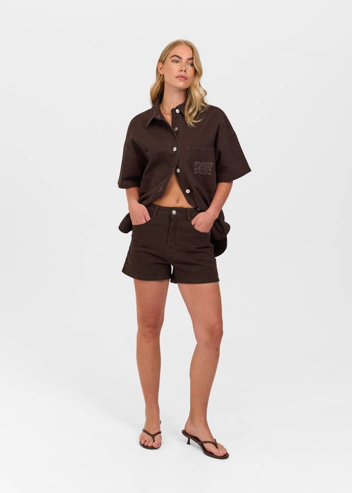 Oversized denim blouse korte mouw deep choco