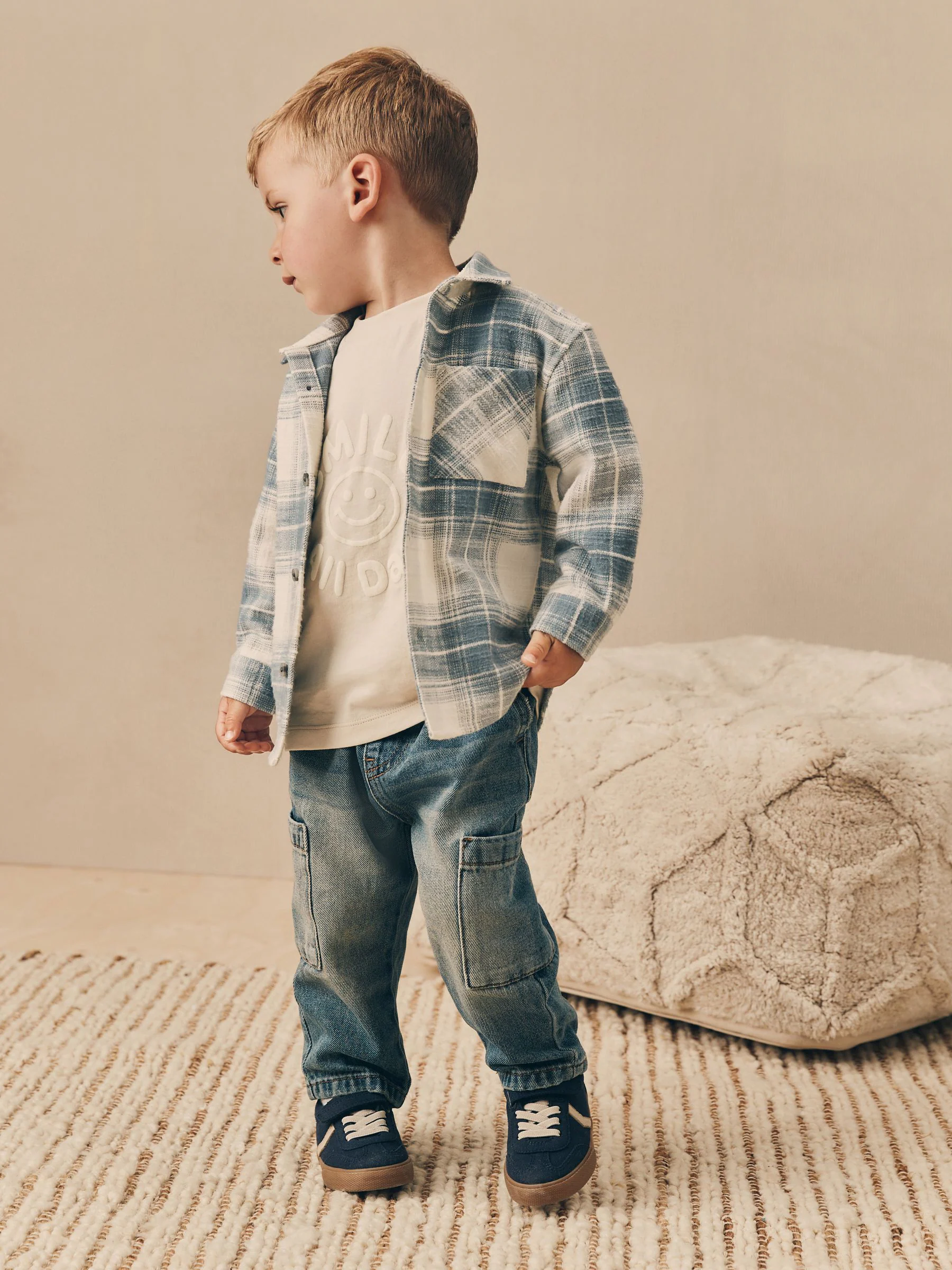 Blauw geruit - Set van T-shirt en shirt met lange mouwen (3mnd-7jr)