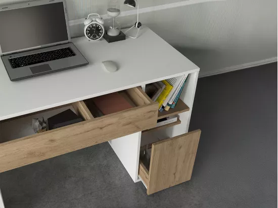 Bureau avec rangements - Blanc et naturel - MELAVA