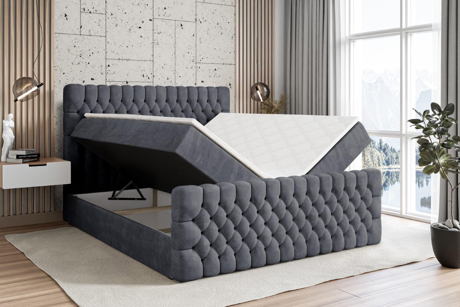 ALTDECOR Boxspringbett mit Matratze und Lattenrost, Boxbett, Topper, Fußteil, Polsterbett mit Bettkasten, Bett mit Stauraum H3-Matratze, Springboxbett -Serene-Z - 180x200 - Dunkelgrau Samt
