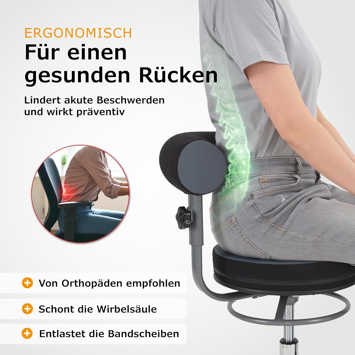 Sanus®-Gesundheitsstuhl | Rollhocker mit 360° Lehne, höhenverstellbarer Lehne, Sitzhöhe (42-51 cm), Stoffbezug rot/schwarz, Rollstopp-Rollen. Ergonomischer Bürostuhl, Erzieherstuhl