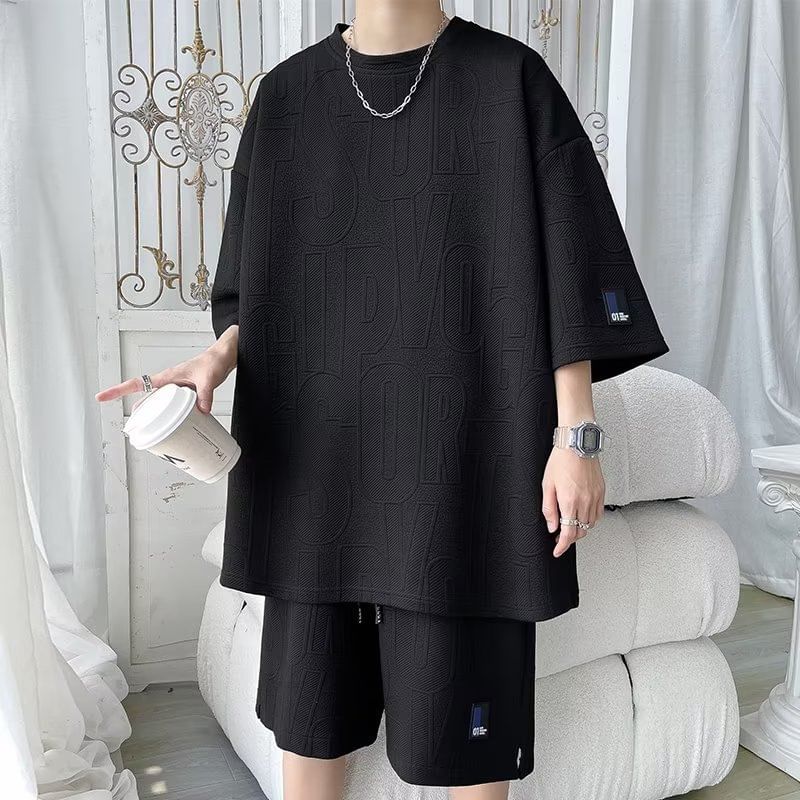 jagevin - Set: 3/4-mouw ronde hals T-shirt met letters + shorts