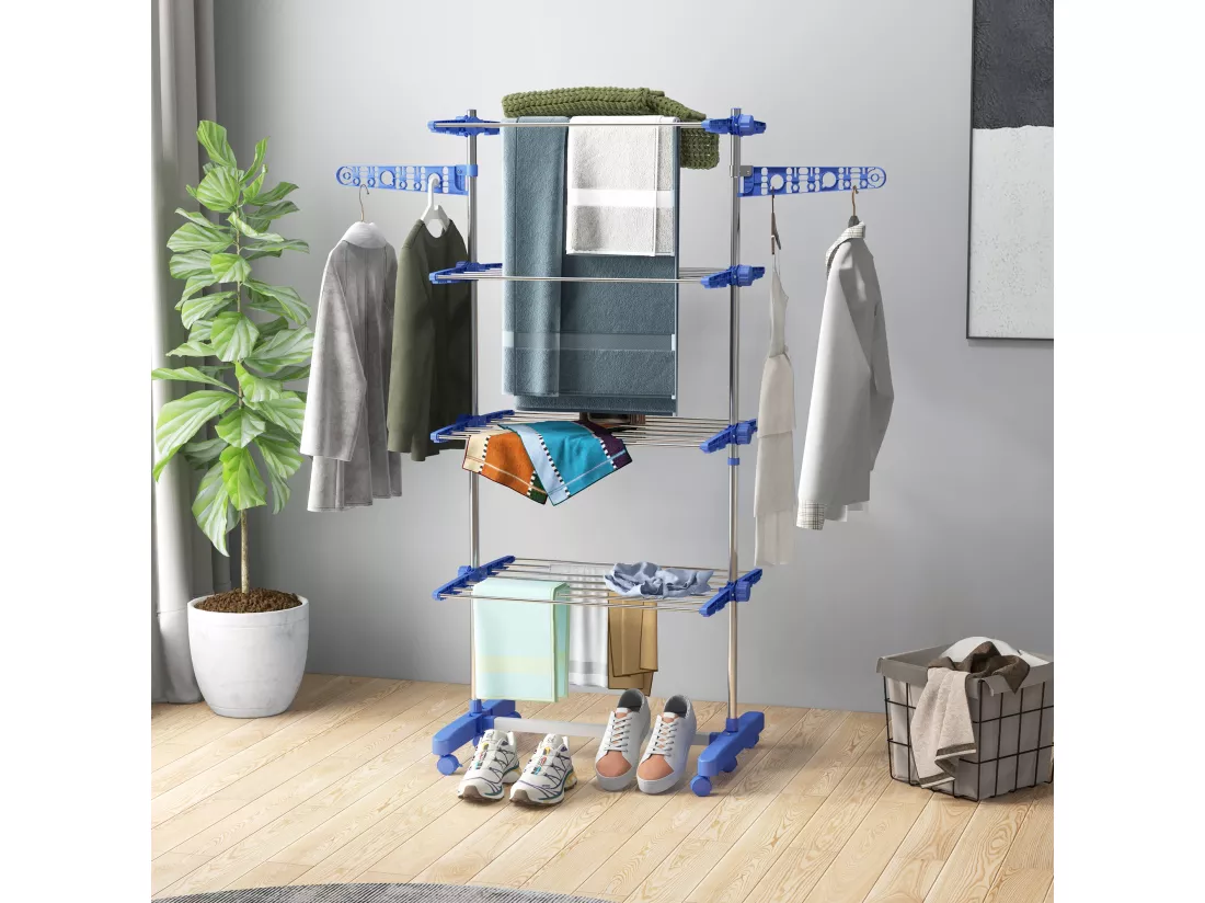 Séchoir à linge étendoir pliable ailes latérales 4 niveaux bleu