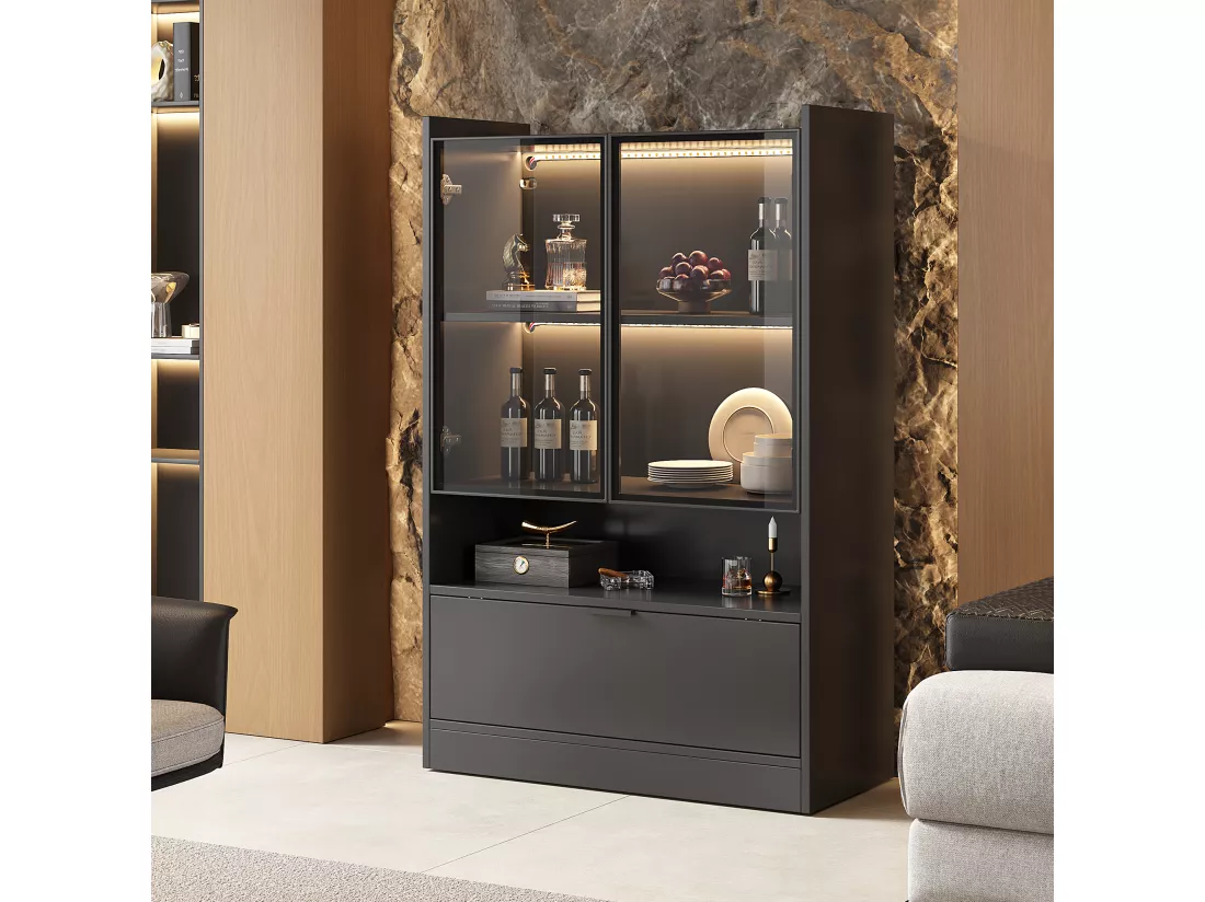 Vitrine avec 3 portes et 1 compartiment - 80 x 35 x 120 cm - LEDs - Panneau de particules et verre - Noir