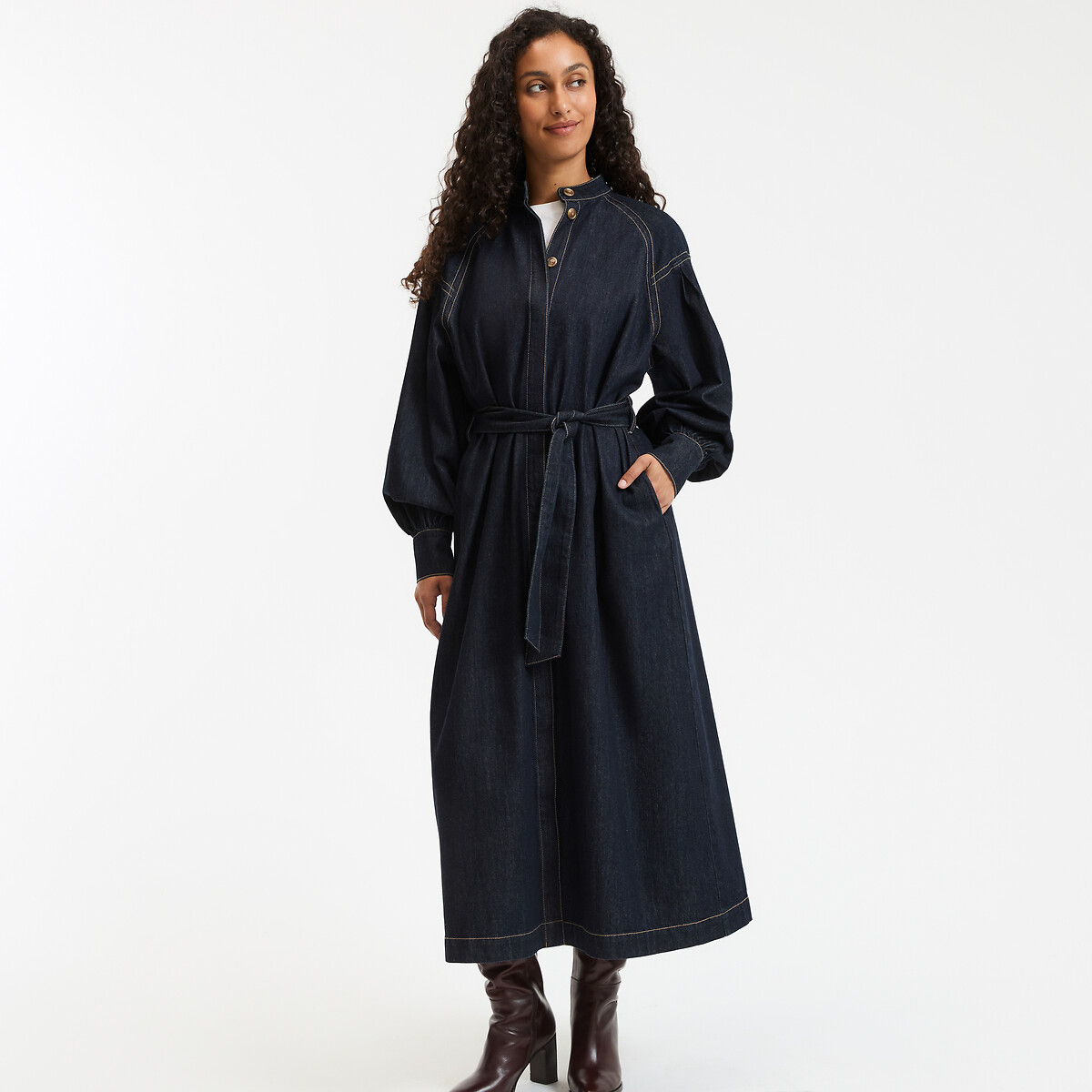 COLEÇÃO LA REDOUTE<br>Vestido longo jeans evasê, mangas compridas