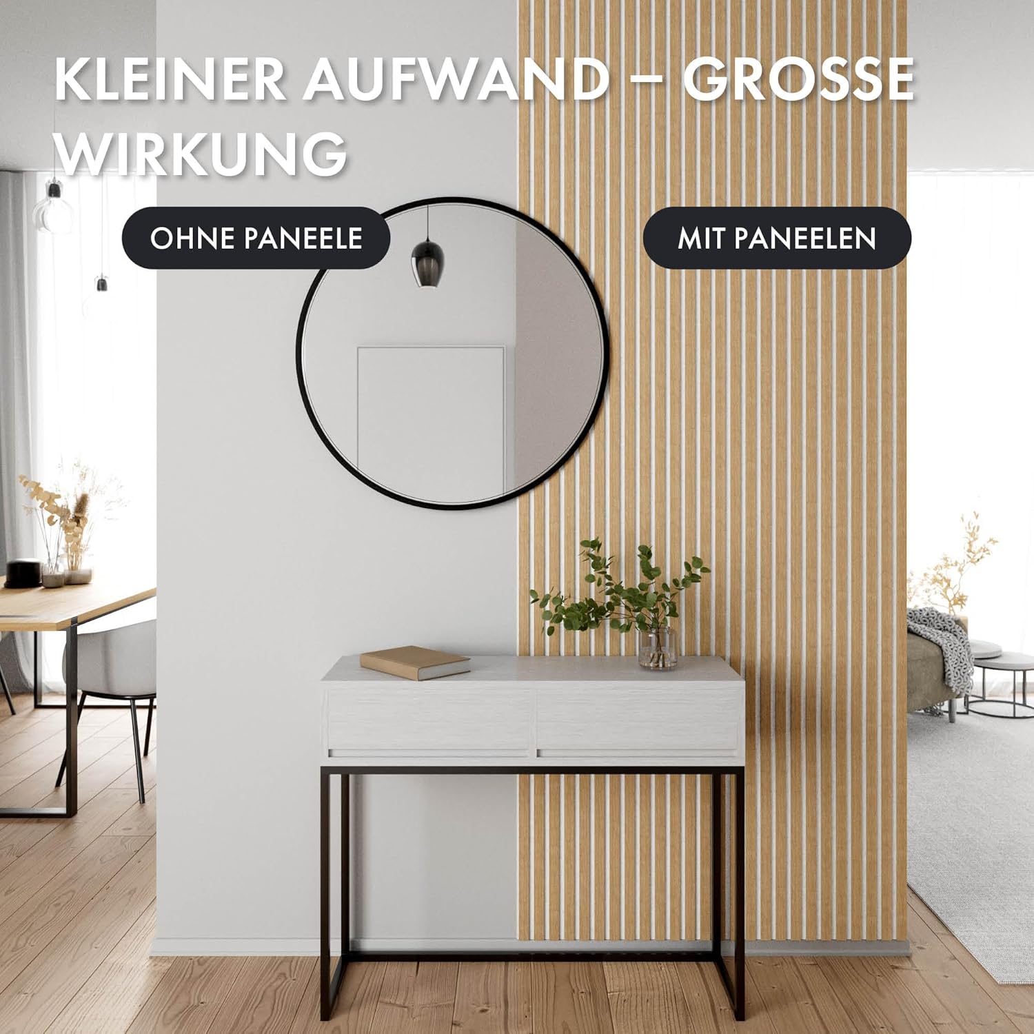 Momento 5 Stück Akustikpaneele Holz 240x50 cm - Made in Germany - Eiche Natur - Wandverkleidung Innen Wandpaneele Holzoptik - 3D Lamellenwand Paneele - Akustik Holzpaneele Wand Holzverkleidung Panel