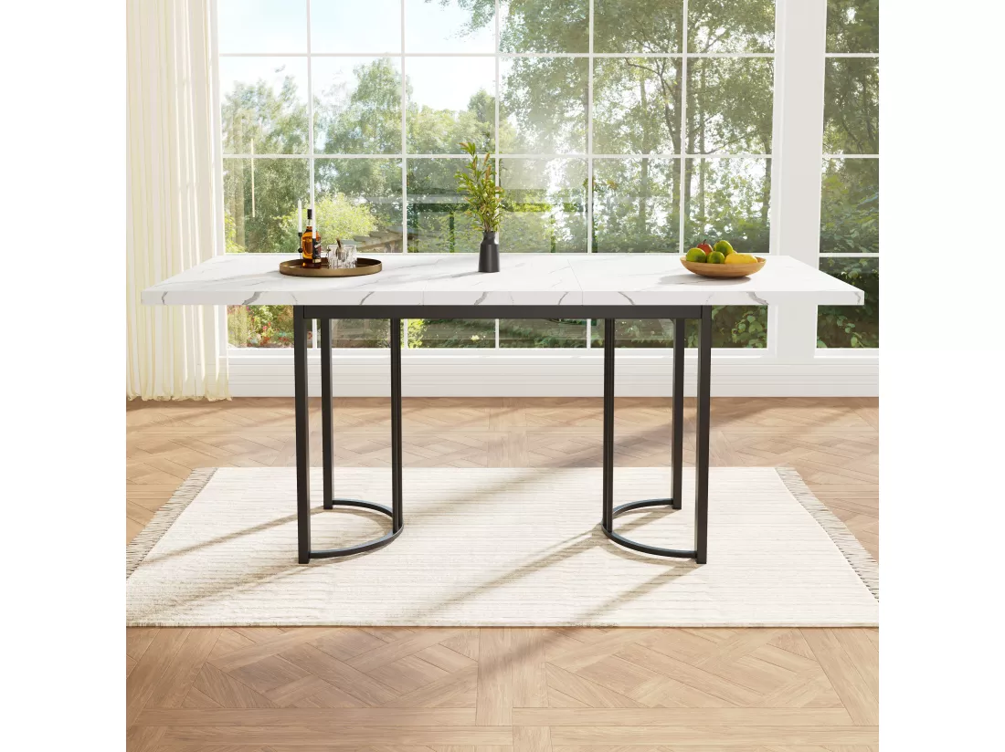 Table à manger escamotable（140-179.5x80cm)- en MDF & Métal - plateau effet marbre - Blanc