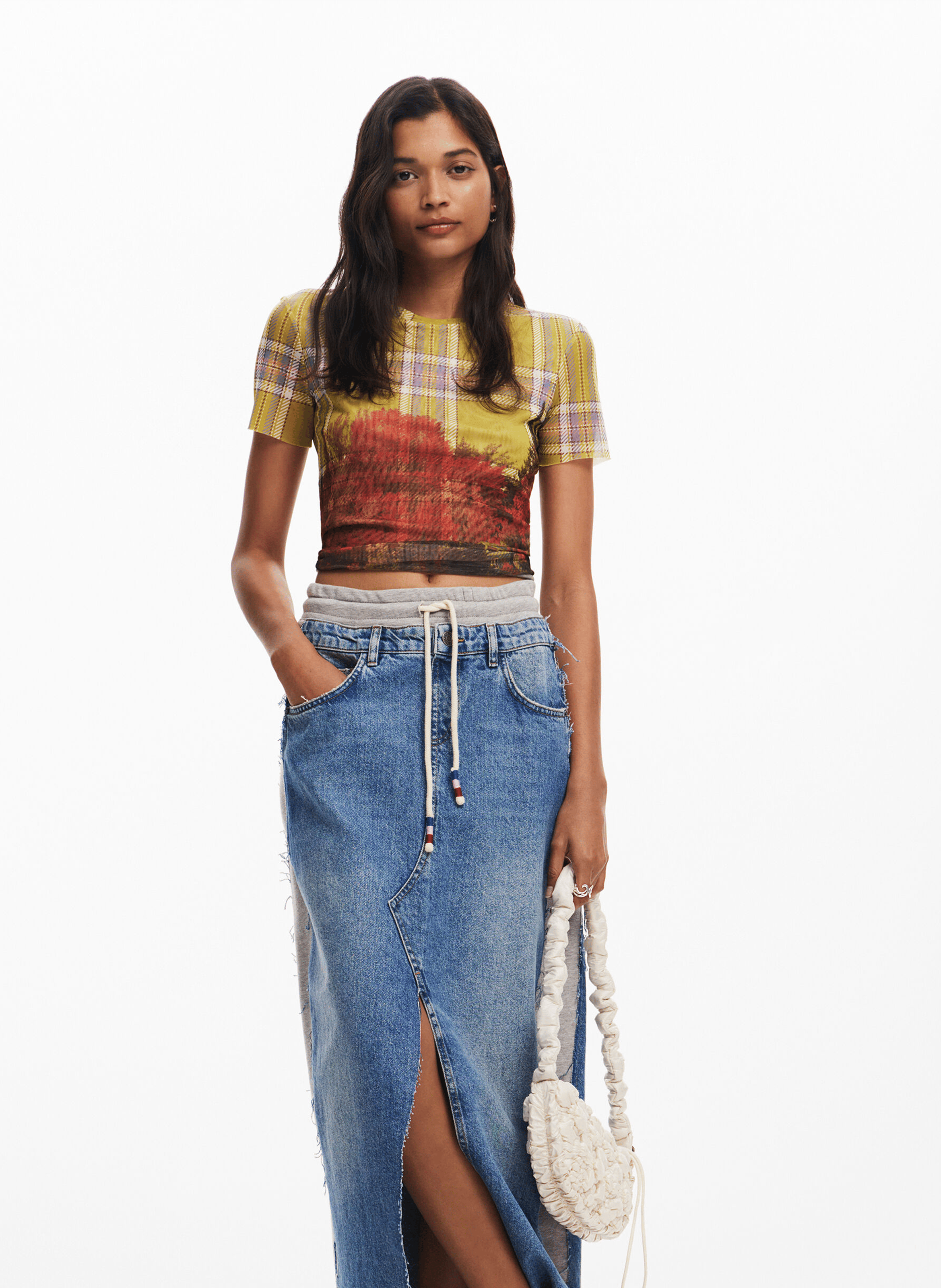 Jupe midi bi matière en coton mélangé | Bleu