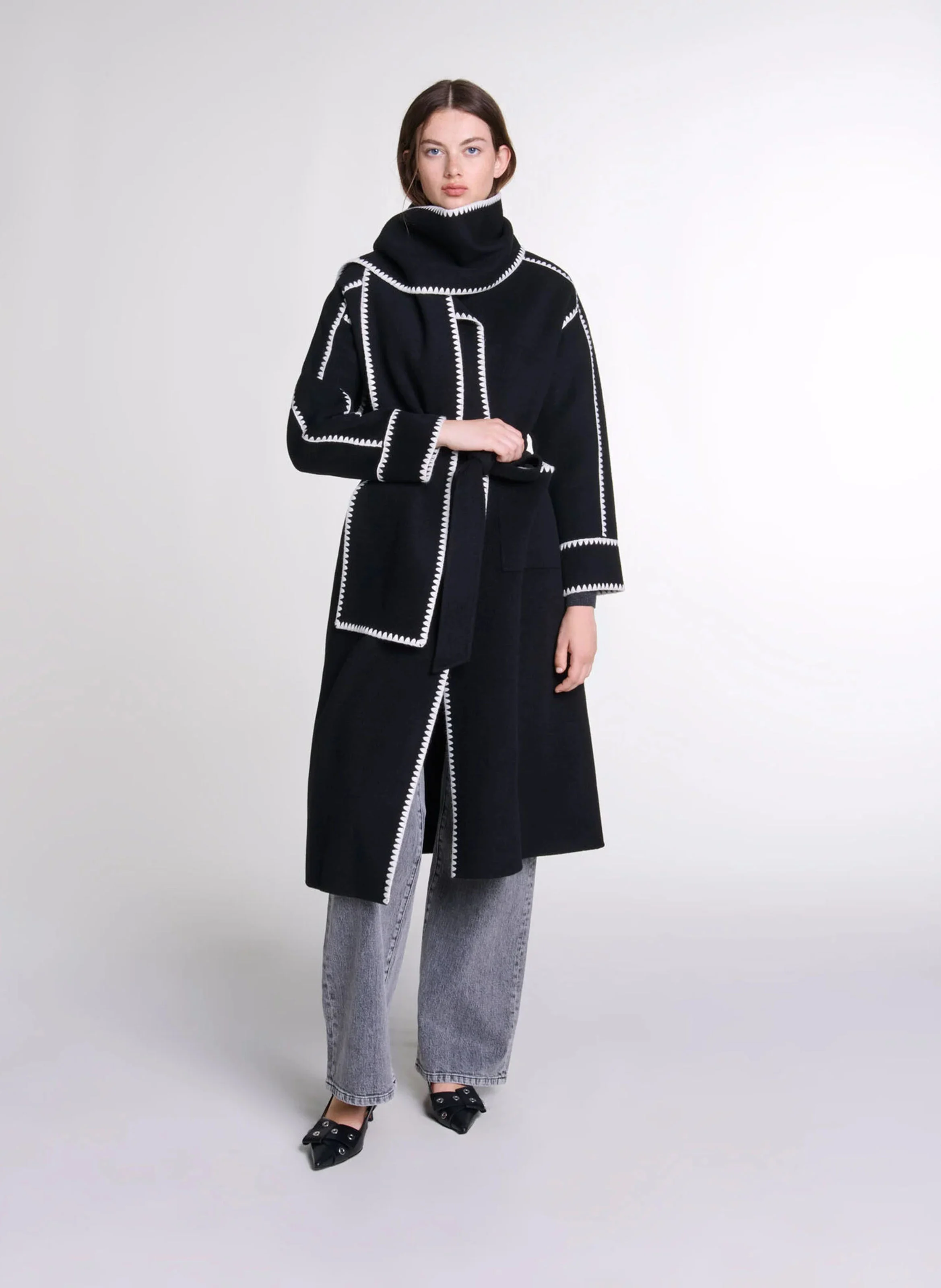 Manteau col tailleur en laine mélangée | Noir