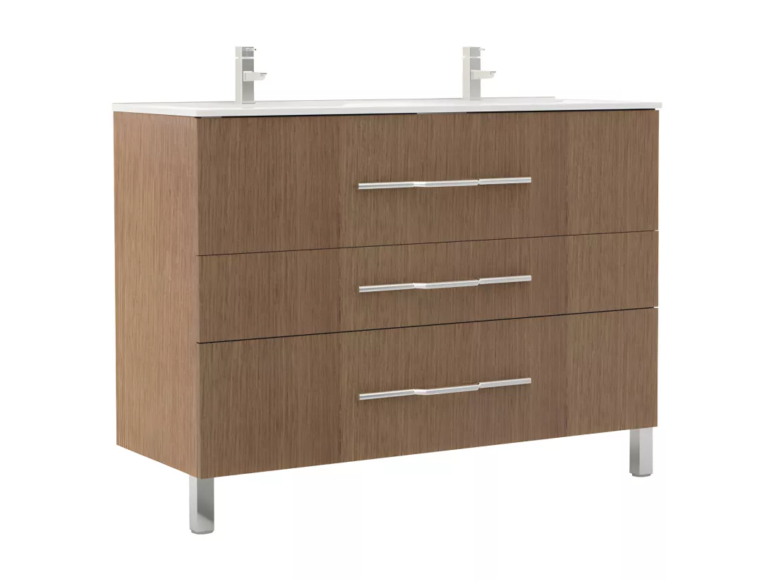 Meuble double vasque 3 tiroirs 120 cm Chêne - LANA - L 121.5 x l 47 x H 88 cm