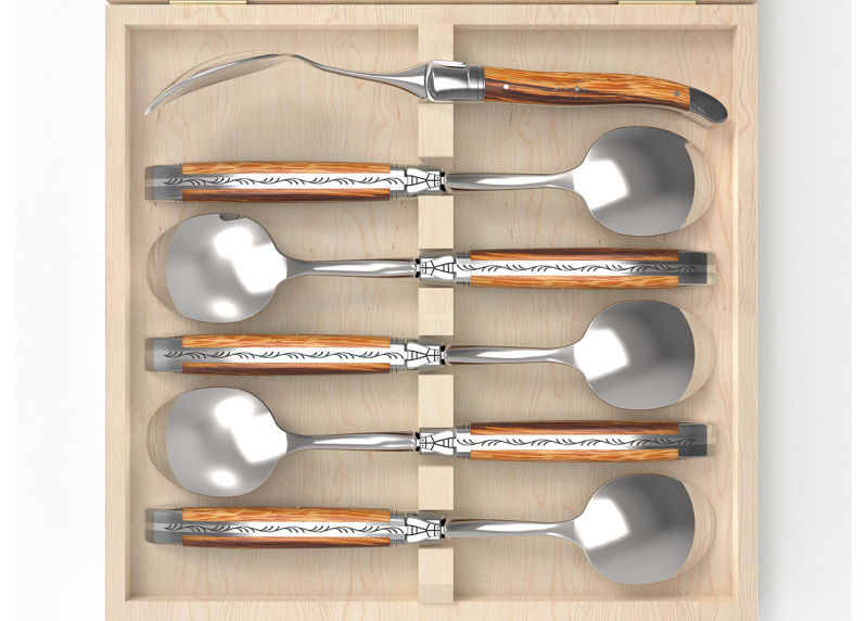 Service de 6 grandes cuillères Laguiole avec un manche en bois de serpent et mitres en acier inoxydable