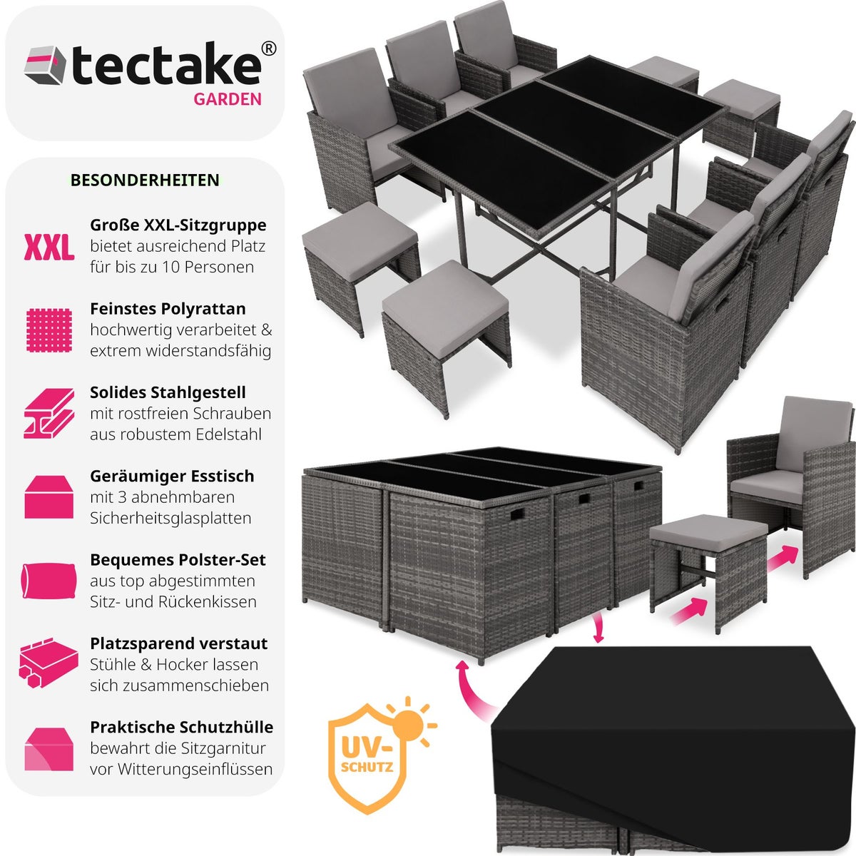 tectake Malaga rotan zitgroep voor 6 tot 10 personen, inklapbaar, inclusief beschermhoes