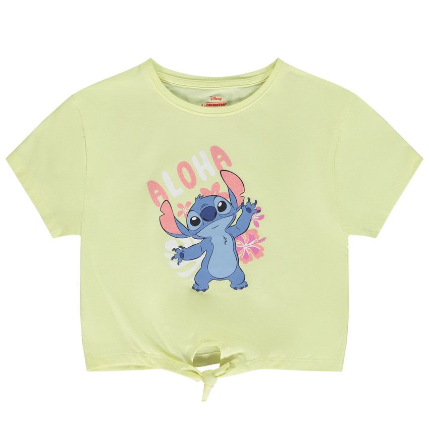 T-shirt manches courtes à nouer print Stitch Disney pour fille - Jaune