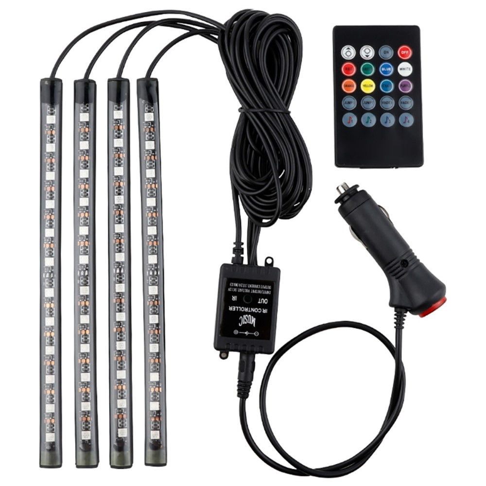 (4er Set) 48 LEDs Auto Licht Streifen RGB Fussraumbeleuchtung für KFZ Innenraum mit Sound Control   Fernbedienung - Zigarettenanzünder