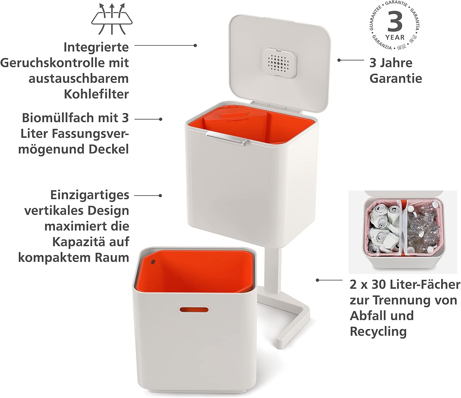 Joseph Joseph Totem Max 60 Abfalltrennsystem - Küchenabfallbehälter mit separater Recyclingeinheit, inkl. Bioabfallbehälter, 60 Liter - Stein
