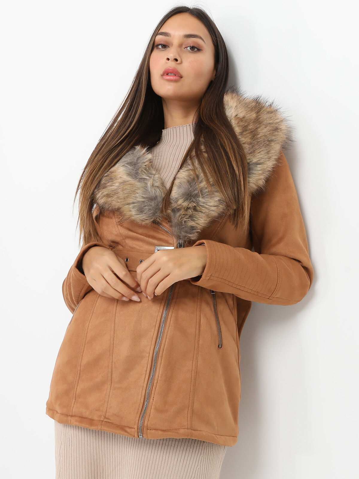Manteau suédine à fausse fourrure- Camel