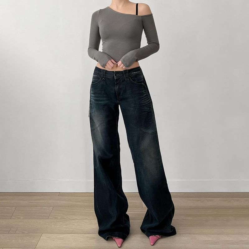 PolkaBella - Lage taille gewassen wijde jeans