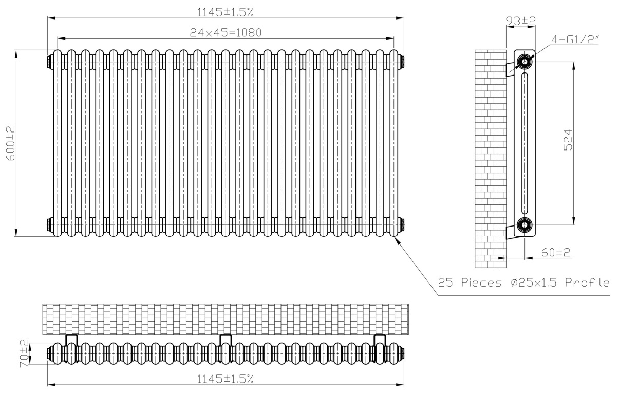Eastbrook Imperia 2 koloms radiator 115x60cm 1588W zwart mat
