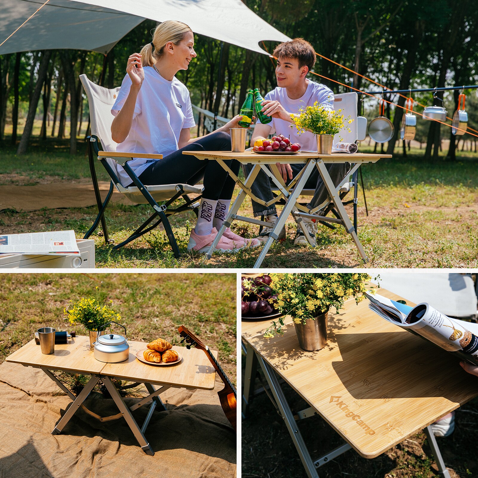 KINGCAMP Campingtisch Bamboo Duo Klapptisch Camping Tisch Verstellbar Alu Bambus