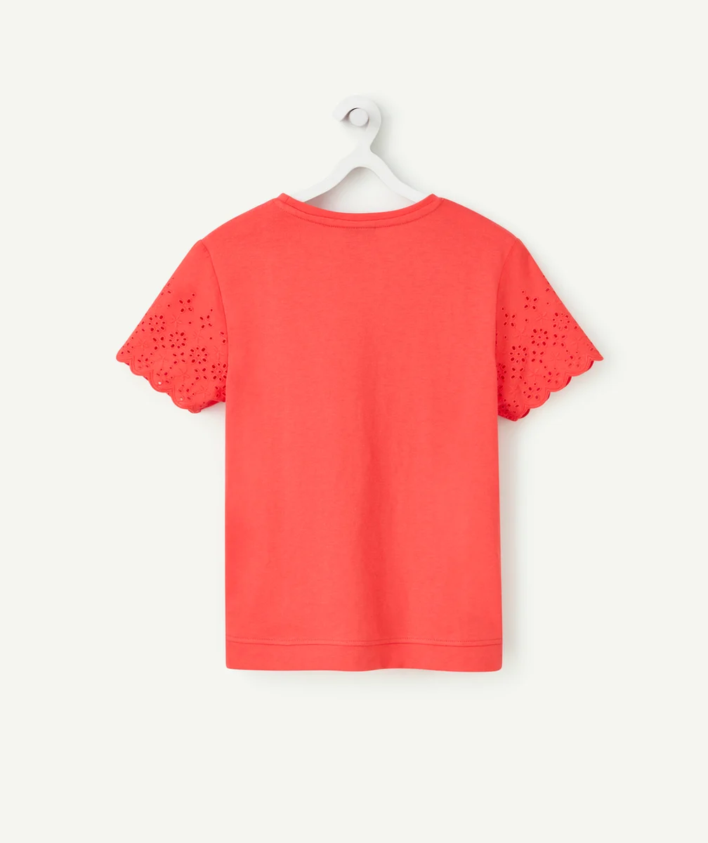 T-SHIRT FILLE EN COTON BIO ROUGE AVEC MANCHES BRODÉES
