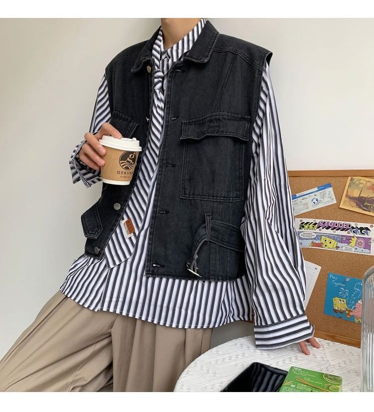 WidoWilder - Gewassen denim vest met kraag en gespen