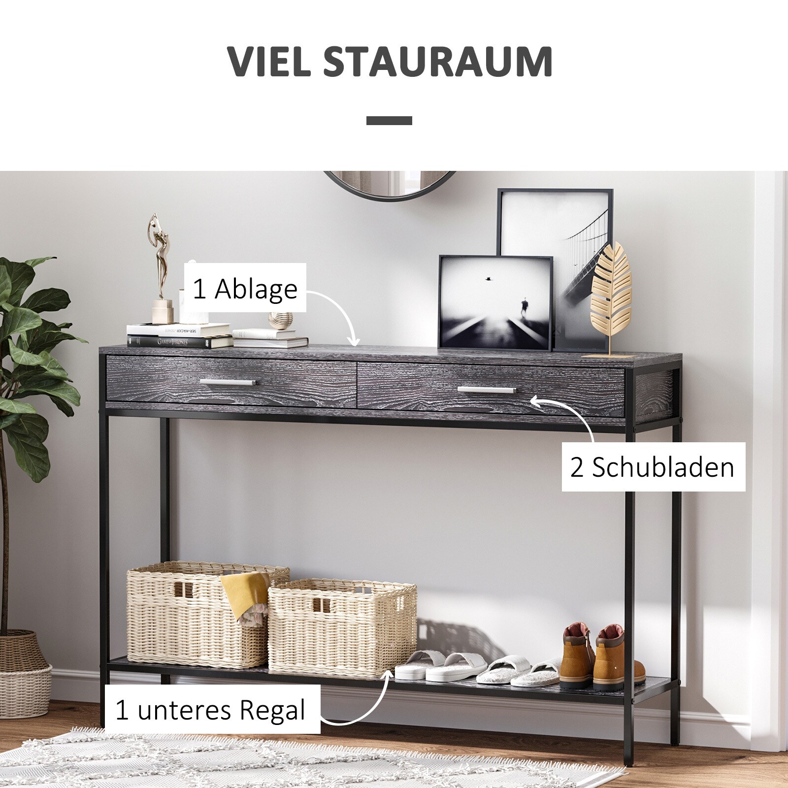 HOMCOM Konsolentisch mit 2 Schubladen grau, schwarz 120 x 30 x 81,5 cm (LxBxH)