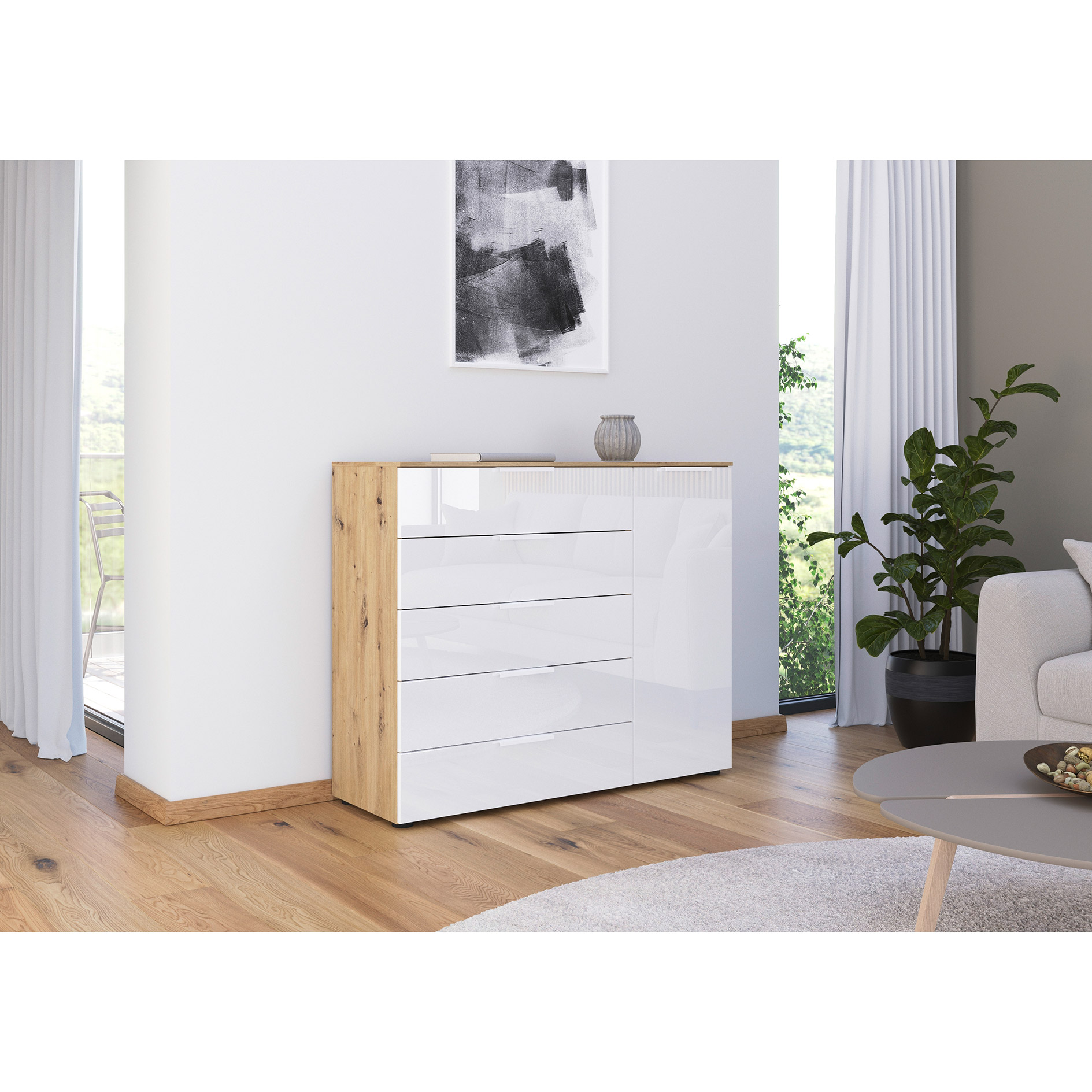 Kommode - Artisan Eiche-Kristallweißglas - weiße Griffe - 120 cm