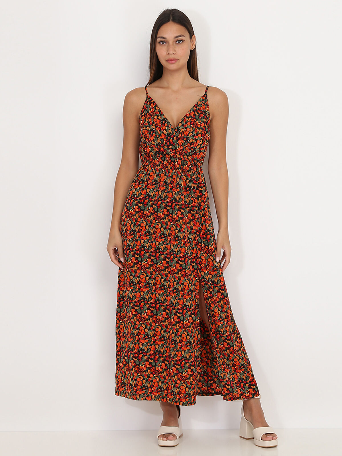 Robe longue fendue à motif fruits- Noir