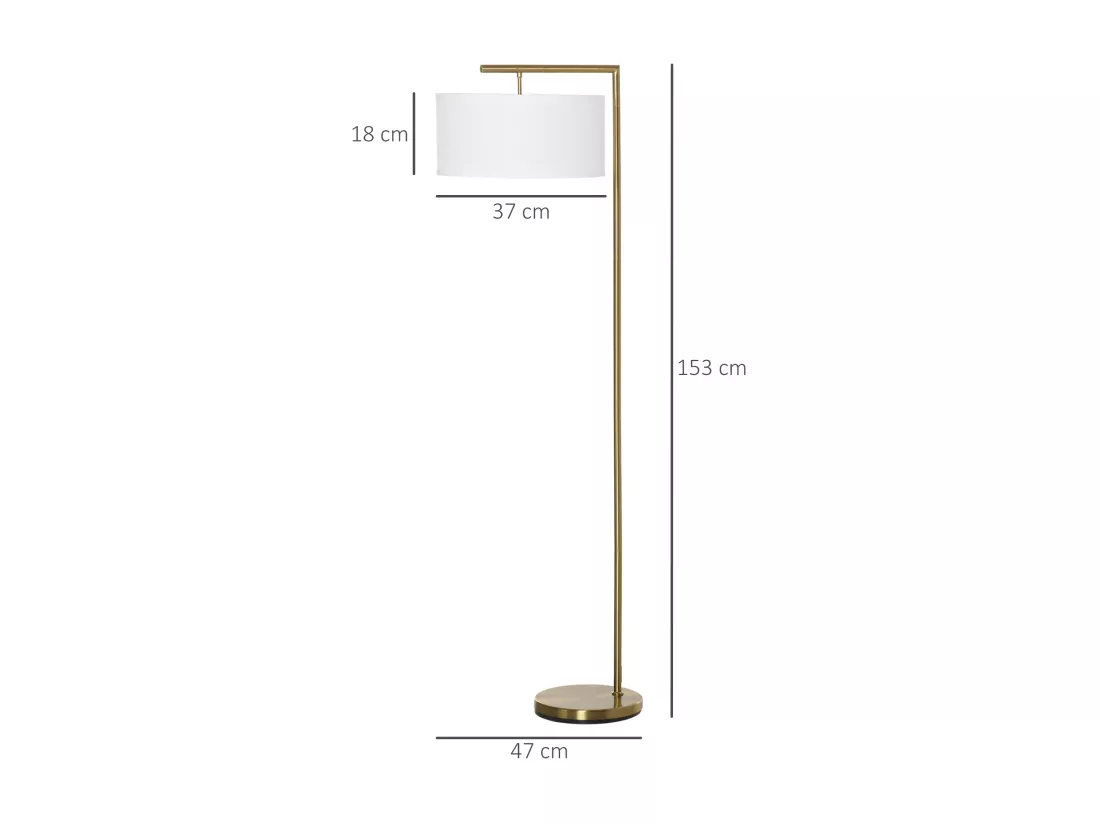 Lampadaire design néo-rétro max. 40 W 153H cm abat-jour circulaire aspect lin blanc piètement structure métal doré