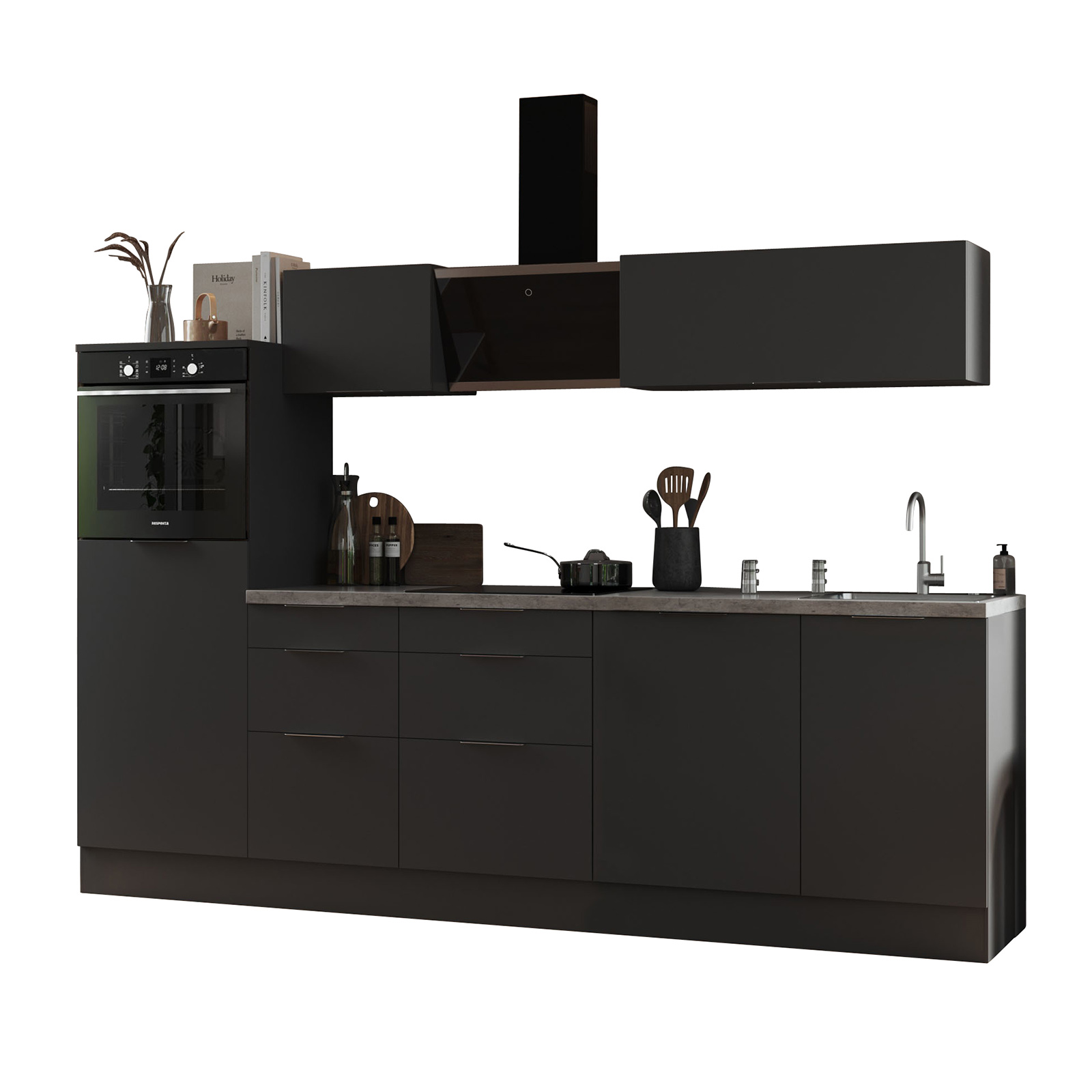 RESPEKTA Küchenblock - grau matt - mit E-Geräten - 280 cm