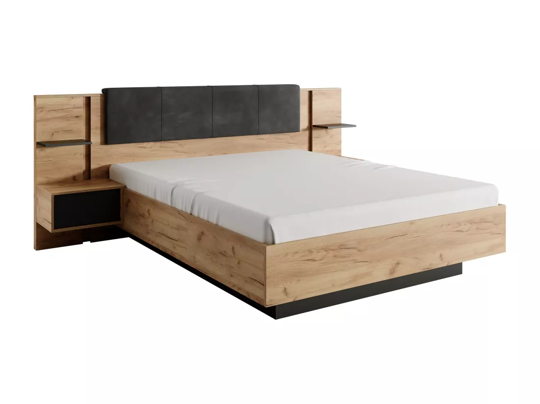 Lit avec chevets 140 x 190 cm - Avec LEDs - Coloris : Naturel et anthracite - ELYNIA