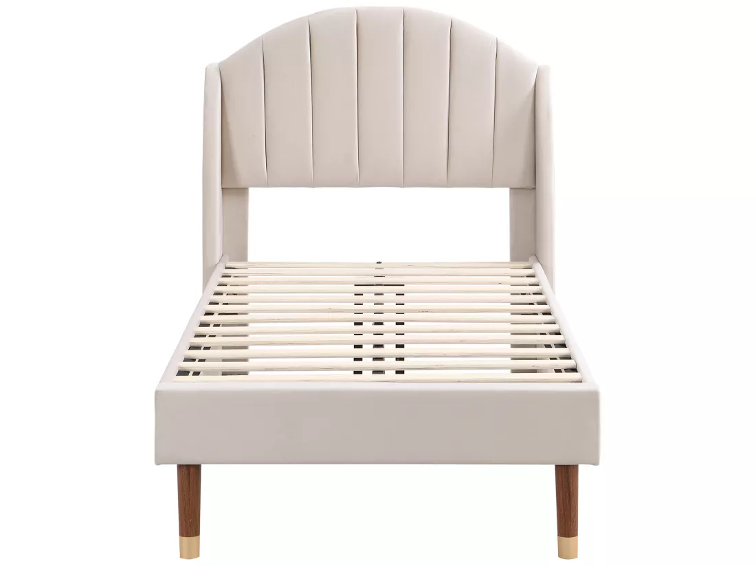 Lit rembourré 90x200cm en velours avec sommier à lattes - Beige