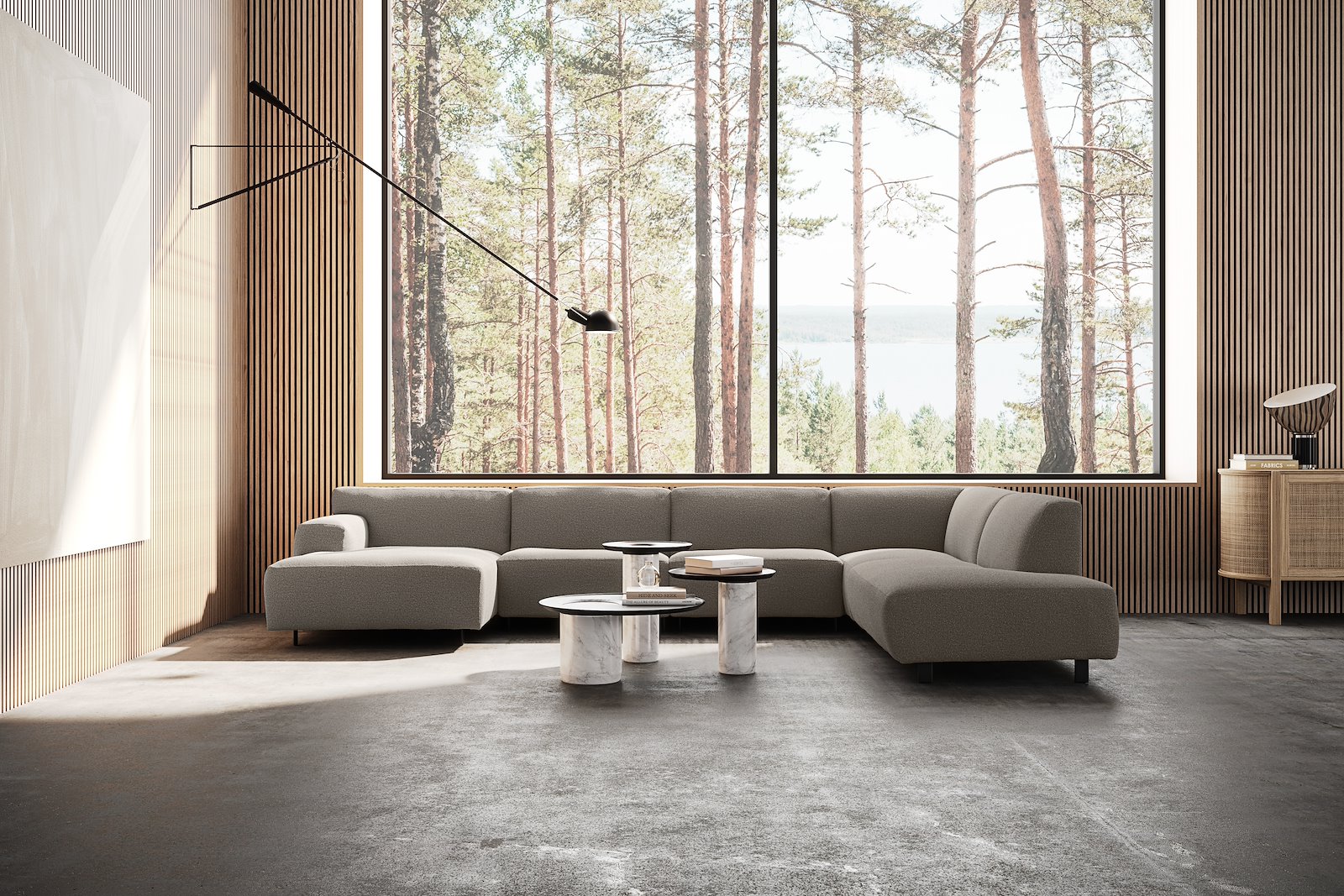 Vesta U-sofa Sjeselong venstre, 3-seter og åpen ende høyre. Big hjørnemodul, Tekstil Gianni Grey, sort metallben 10 cm, Comfort CM