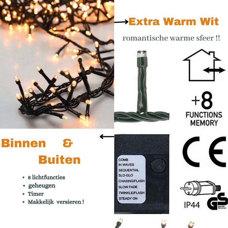 Microcluster Kerstverlichting -400 led- 8m -extra warm wit -Timer- Lichtfuncties-Geheugen-Buiten