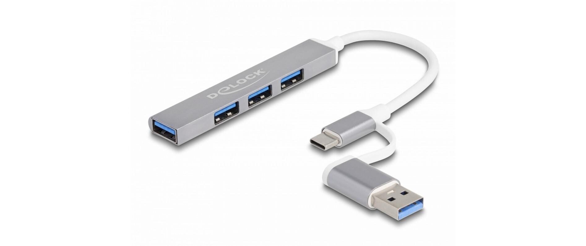 USB-Hub USB – C / USB – A zu 3x USB 2.0 + 1x USB 5 GbpsDelock 4 Port Slim USB Hub mit USB Type-C oder USB Typ-A zu 3x USB 2.0 Typ-A Buchse + 1x USB 5 Gbps Typ-A Buchse