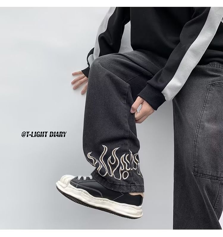 Double White - Mid Rise Flame Print Washed Panel Straight Leg Jeans