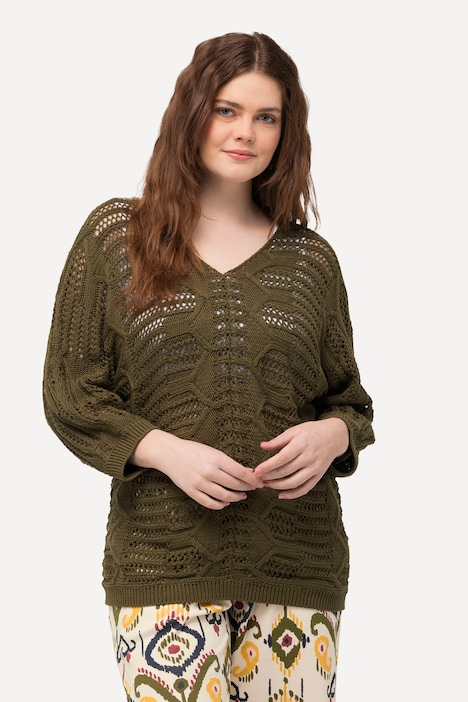 Pullover, Ajourmuster, V-Ausschnitt, 3/4-Arm, Biobaumwolle